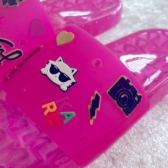 Brand New Karl Lagerfeld Paris Thea Jelly Pool Slides Embellished Pink Sandals - Picture 11 of 16
